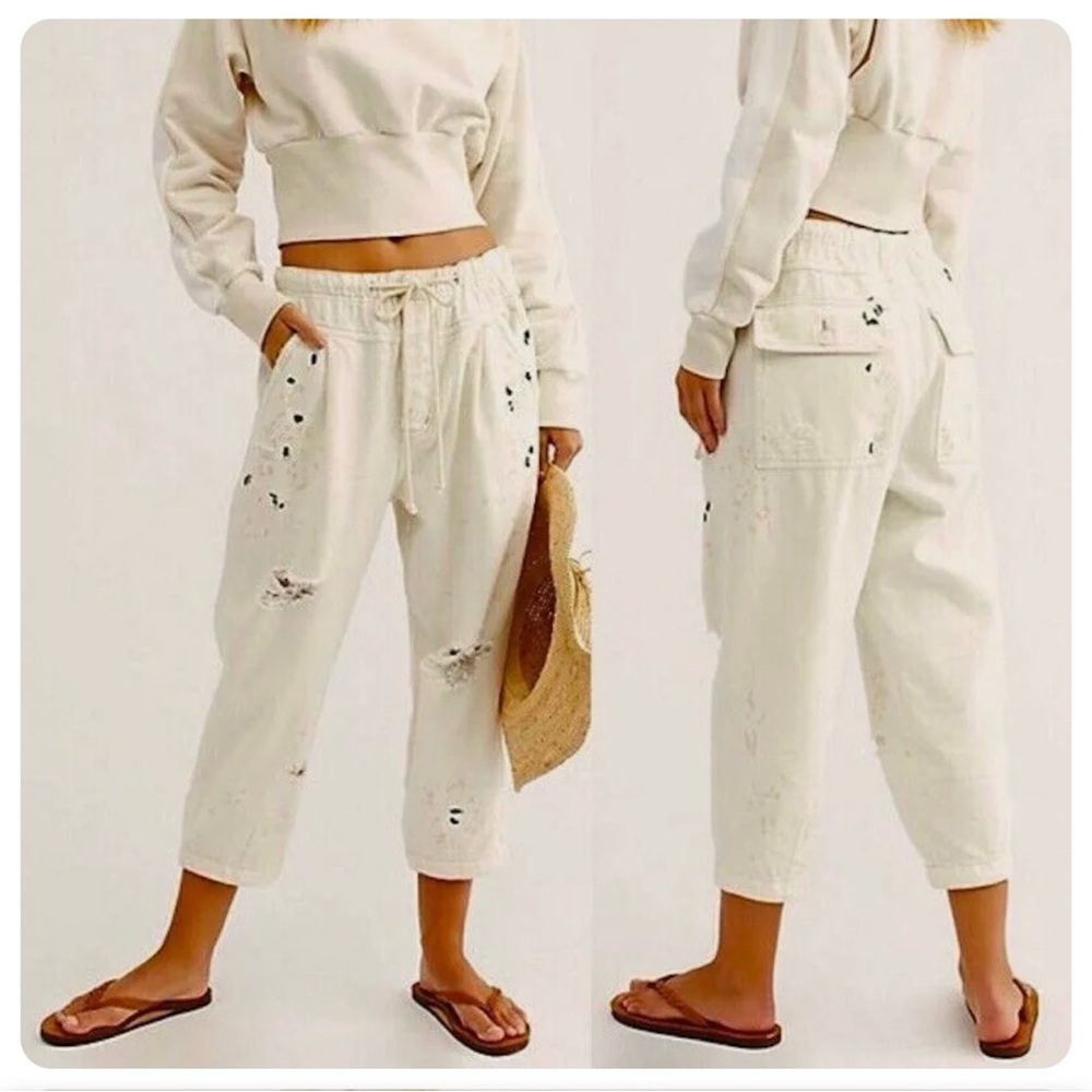 Free People Mixed Up Cotton Distressed Utility Off White Jeans Painter Pants